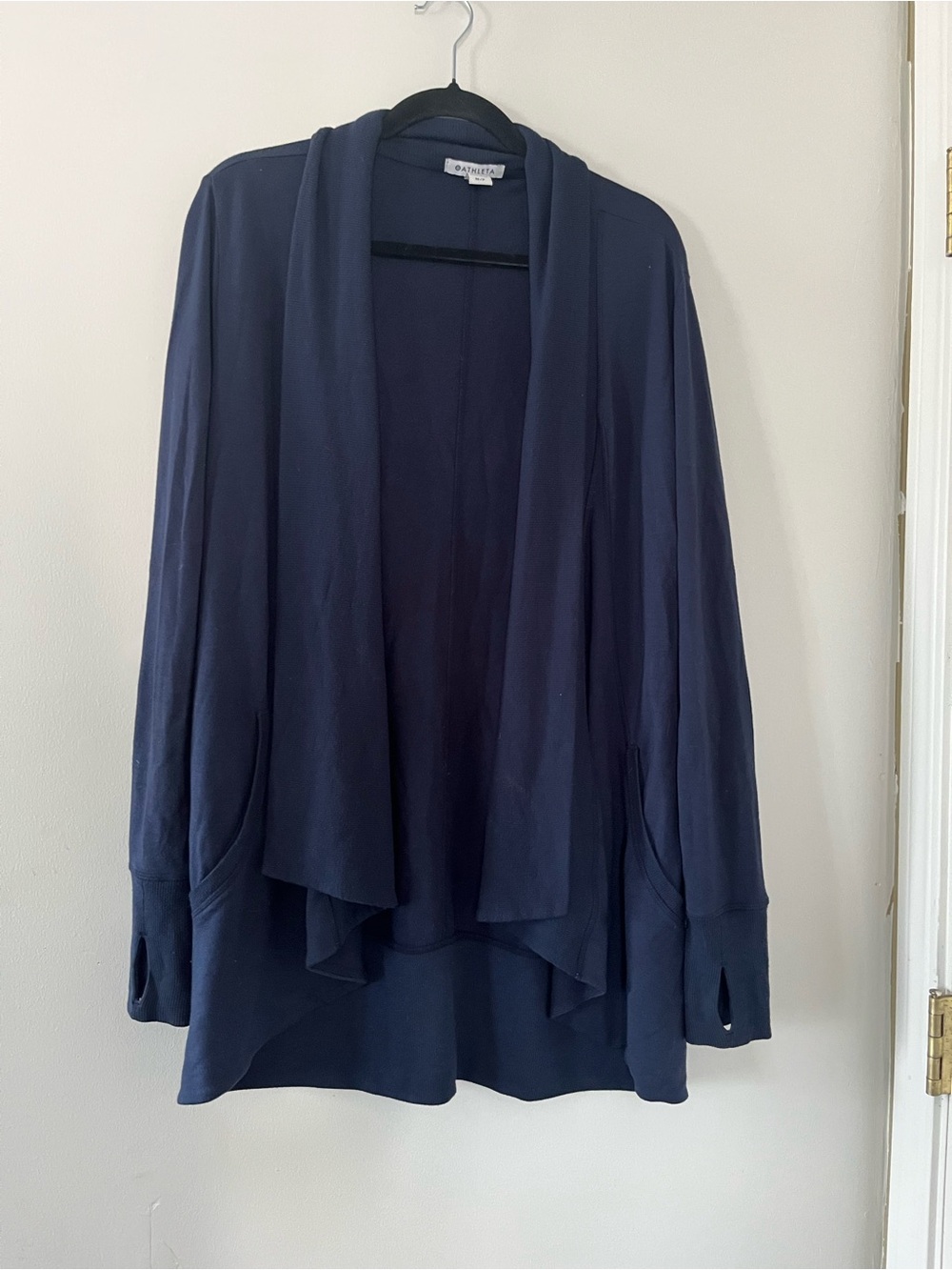 Athleta Navy Blue Open Front Knit Cardigan Medium Drape Athleisure Travel